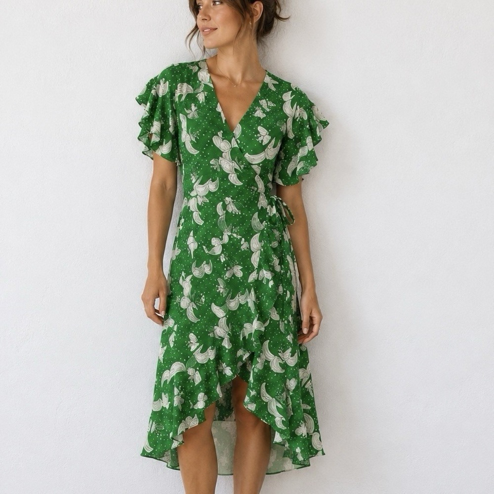 Max Studio XS Green Floral Wrap Dress Ruffle Sleeve High Low Midi Boho Size XS